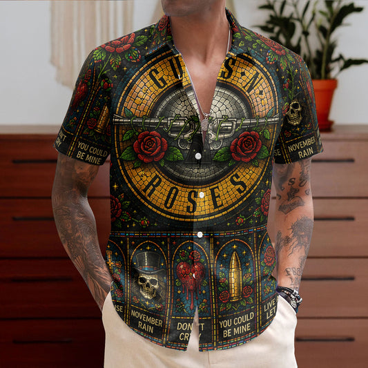 Guns N Roses Hawaiian Shirt - Unisex Retro Bullet Logo Cathedral Window Button Up