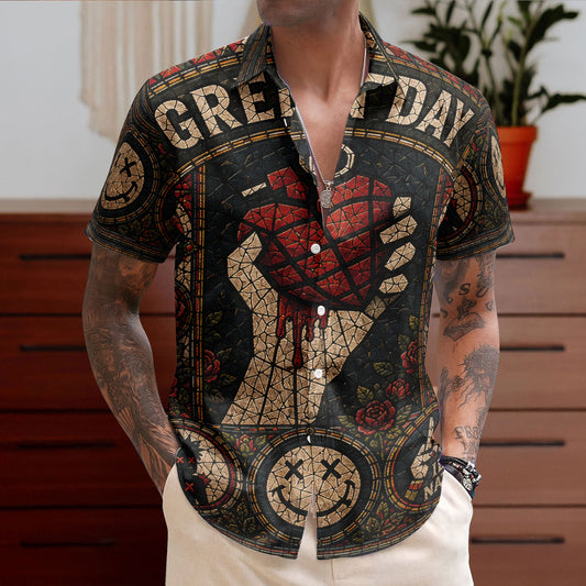 Green Day Gothic Stained Glass Hawaiian Shirt - Unisex Pop Punk Concert Summer Button Up Shirt