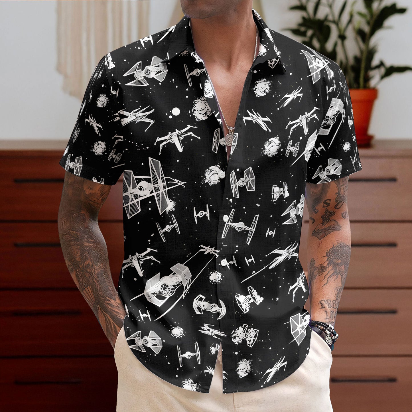 Star Wars Inspired Starfighter Print Unisex Hawaiian Shirt – Movie Inspired Aloha Button-Up Shirt