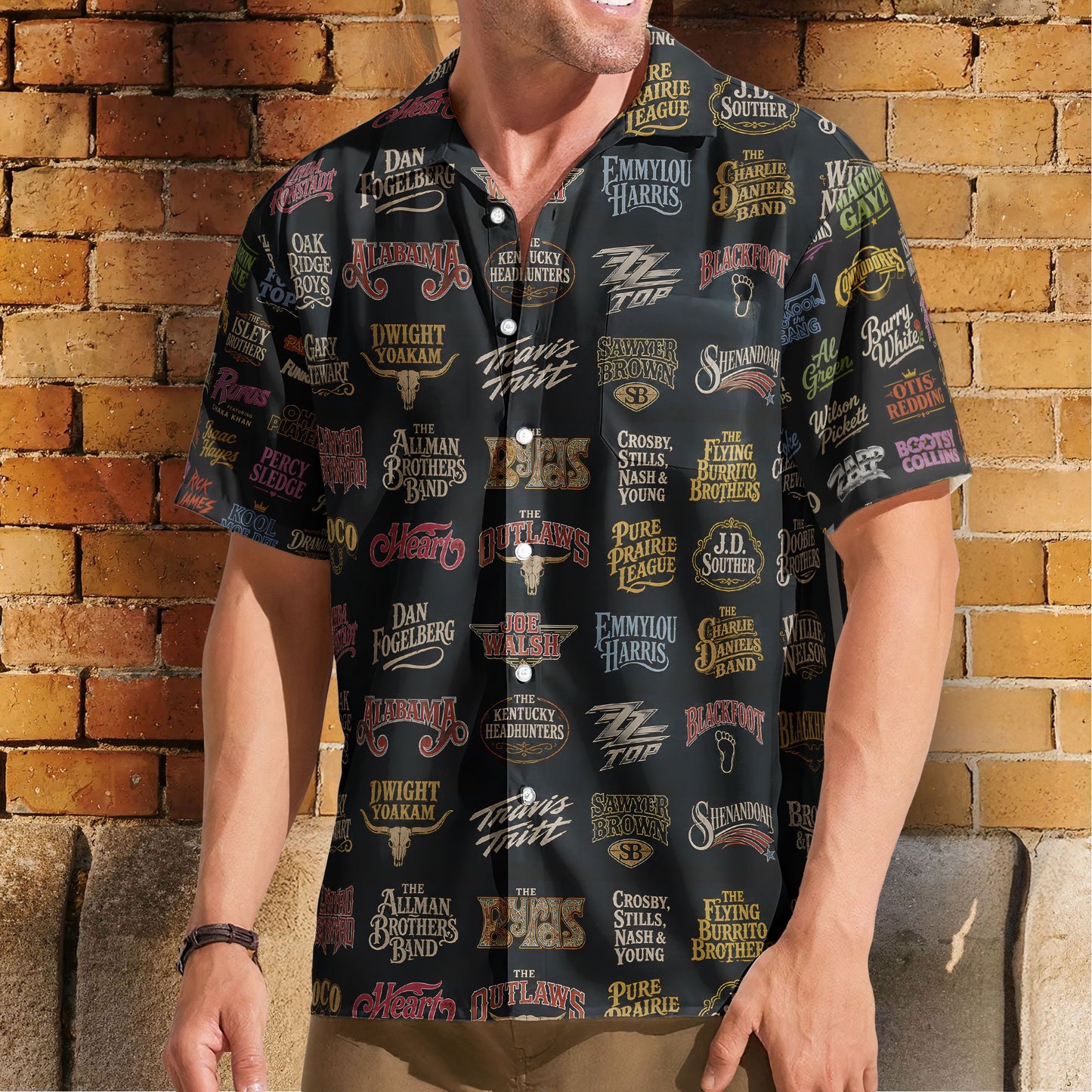 Country Rock Band Logos Hawaiian Shirt - Unisex Vintage Allman Brothers ZZ Top Black Beach Button Up