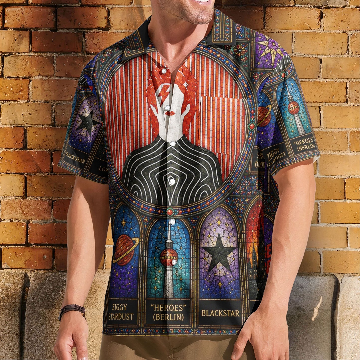 David Bowie Gothic Stained Glass Hawaiian Shirt - Unisex Retro Heroes Ziggy Stardust Blackstar Button Up