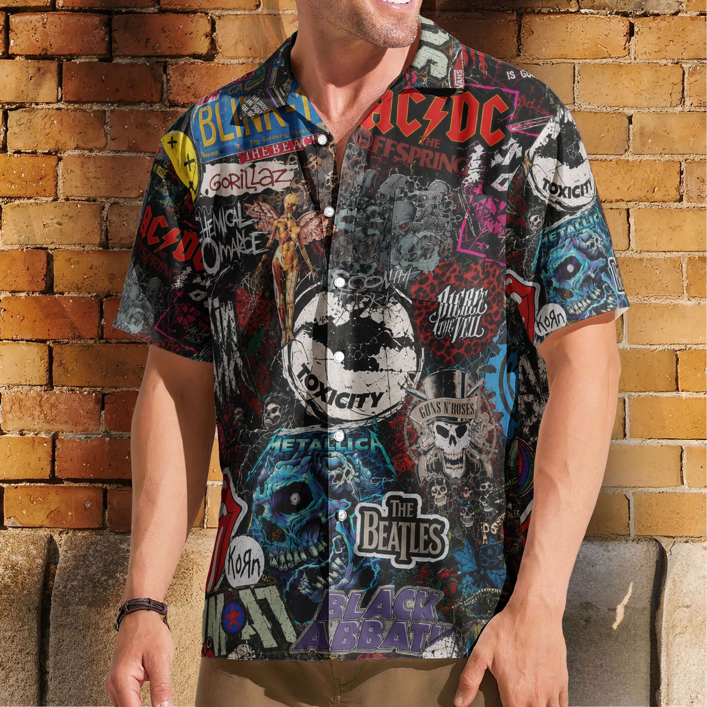 Rock Band Collage Graffiti Street Art Hawaiian Shirt - Unisex Heavy Metal Grunge Summer Button Up