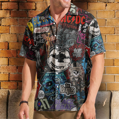 Rock Band Collage Graffiti Street Art Hawaiian Shirt - Unisex Heavy Metal Grunge Summer Button Up