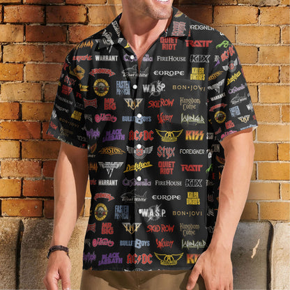 Hard Rock Band Logos Hawaiian Shirt - Unisex Retro Rock Concert Black Summer Beach Button Up