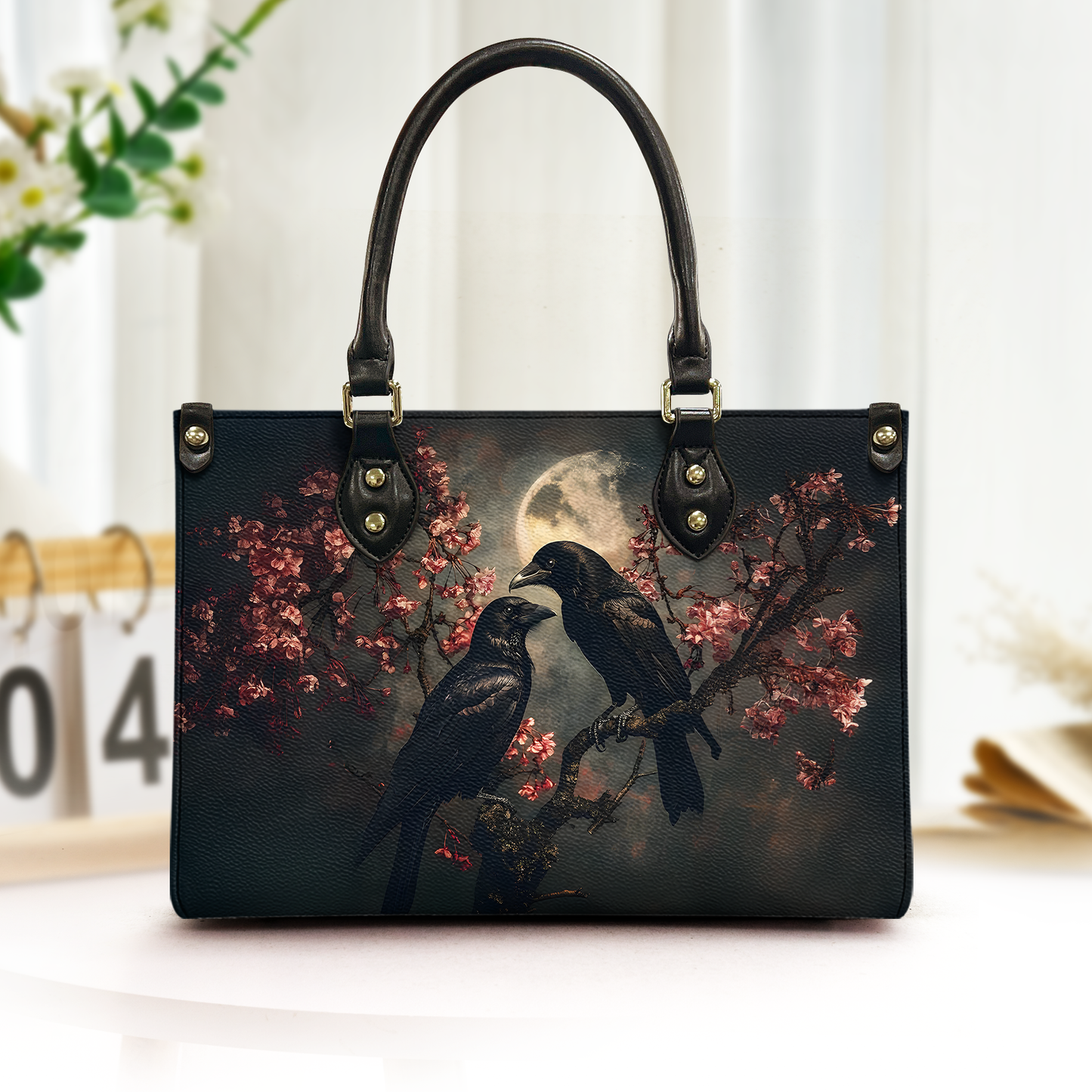 Moonlit Ravens Art Leather Handbag – Gothic Night Aesthetic Statement Bag