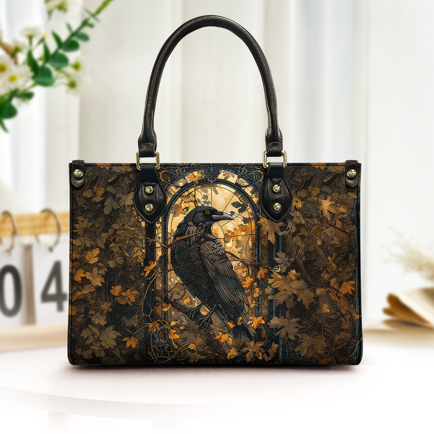 Autumn Raven Gothic Art Leather Handbag – Dark Forest Aesthetic Statement Bag