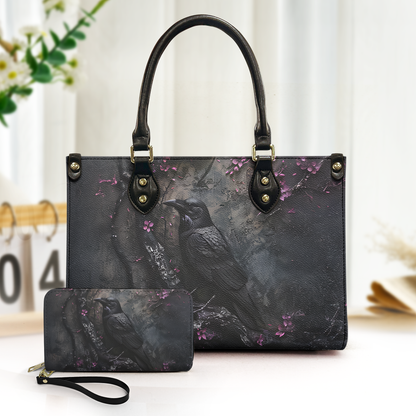 Raven Gothic Leather Handbag & Wallet Set-Dark Elegance with Enchanted Floral Accents