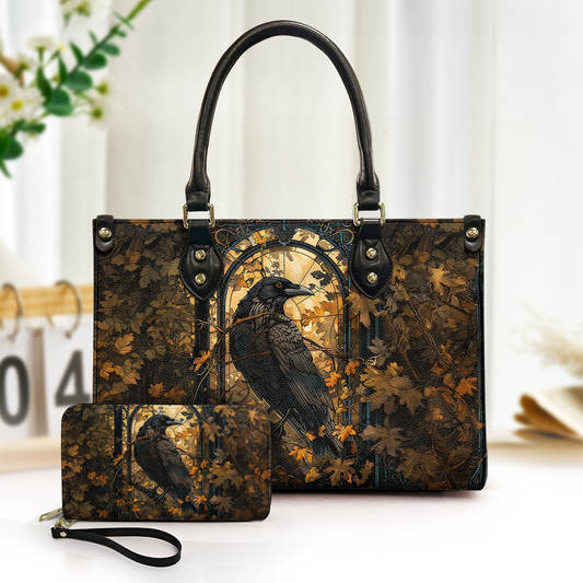 Autumn Raven Gothic Art Leather Handbag – Dark Forest Aesthetic Statement Bag
