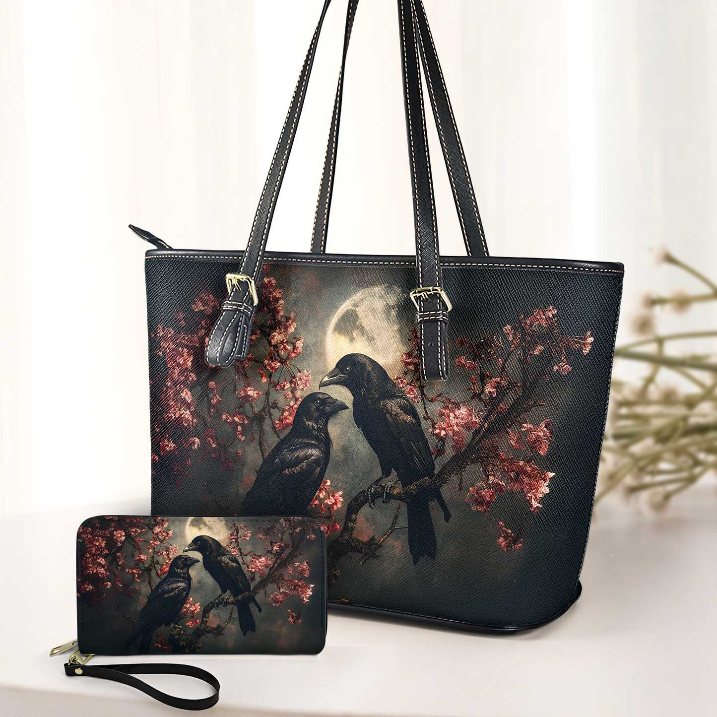 Moonlit Ravens Art Leather Handbag – Gothic Night Aesthetic Statement Bag