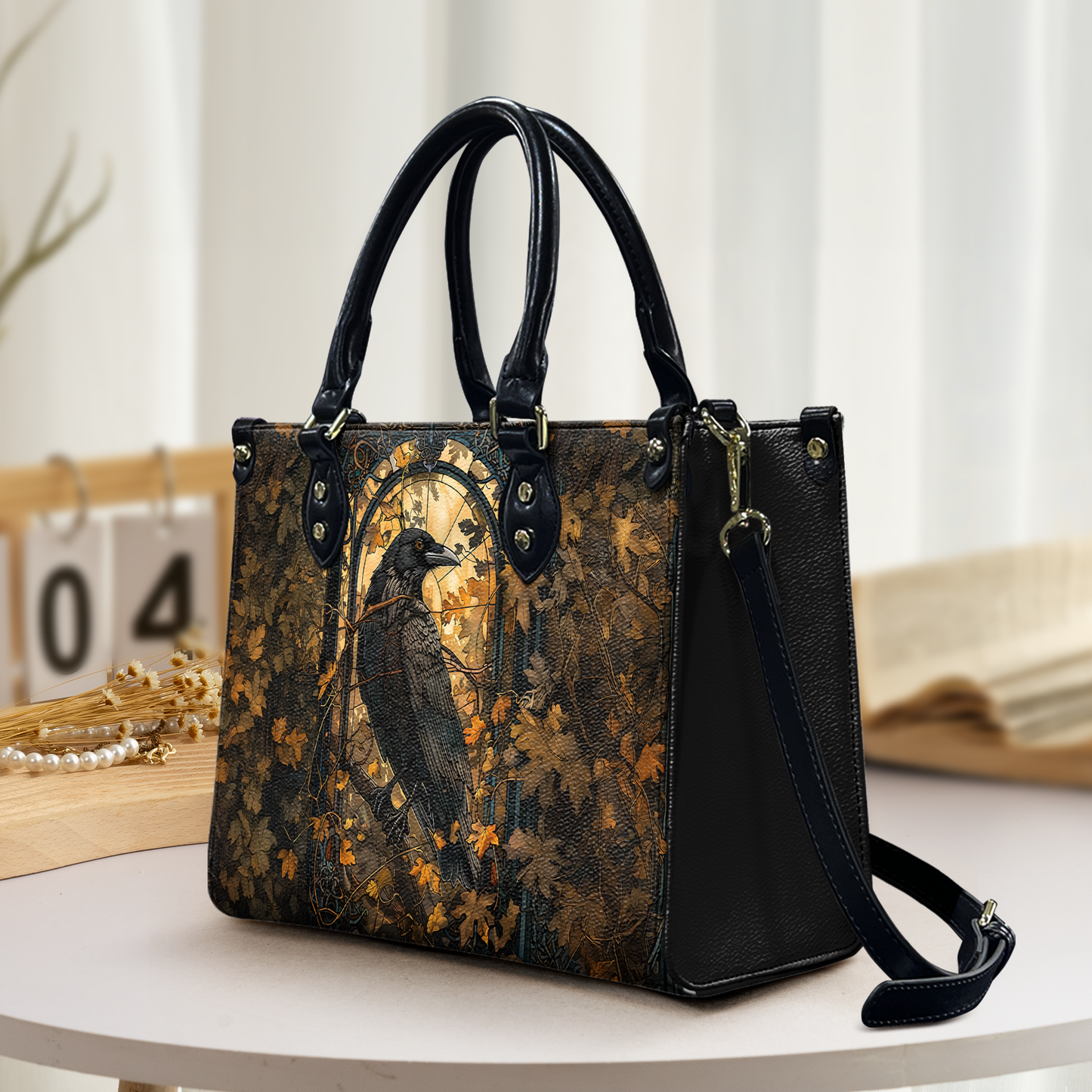 Autumn Raven Gothic Art Leather Handbag – Dark Forest Aesthetic Statement Bag