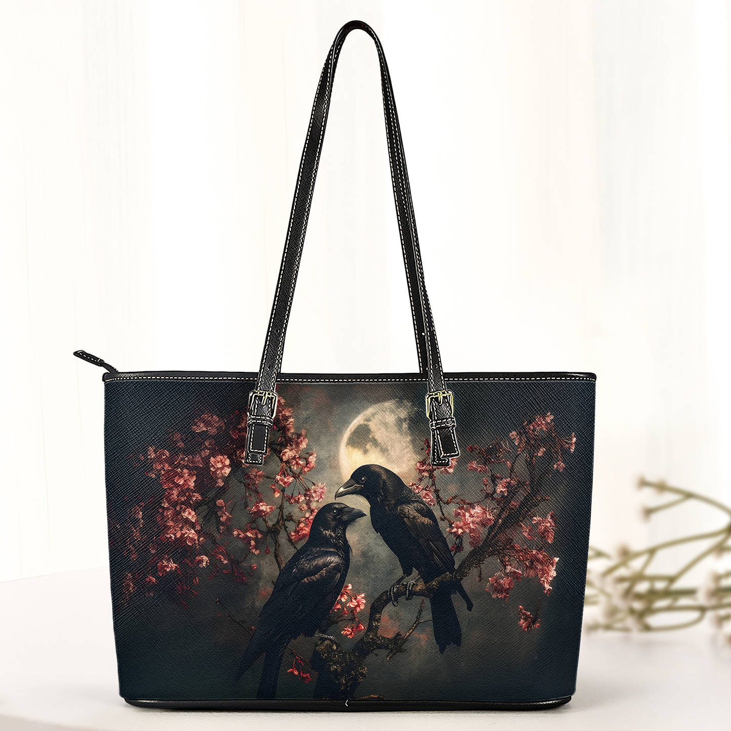 Moonlit Ravens Art Leather Handbag – Gothic Night Aesthetic Statement Bag