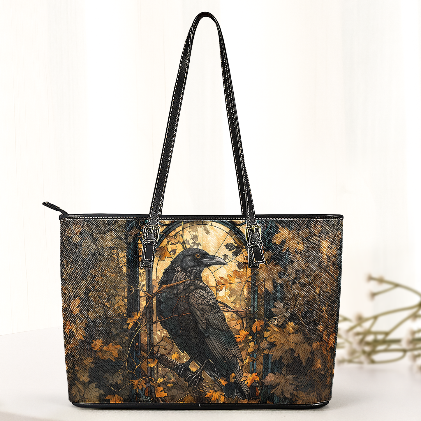 Autumn Raven Gothic Art Leather Handbag – Dark Forest Aesthetic Statement Bag
