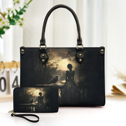 Gothic Lady & Raven Leather Handbag & Wallet Set – Dark Romantic Fantasy Style