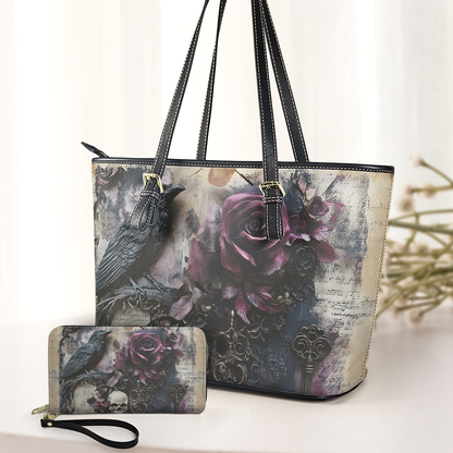 Gothic Rose & Raven Leather Handbag with Vintage Skull and Key Accents