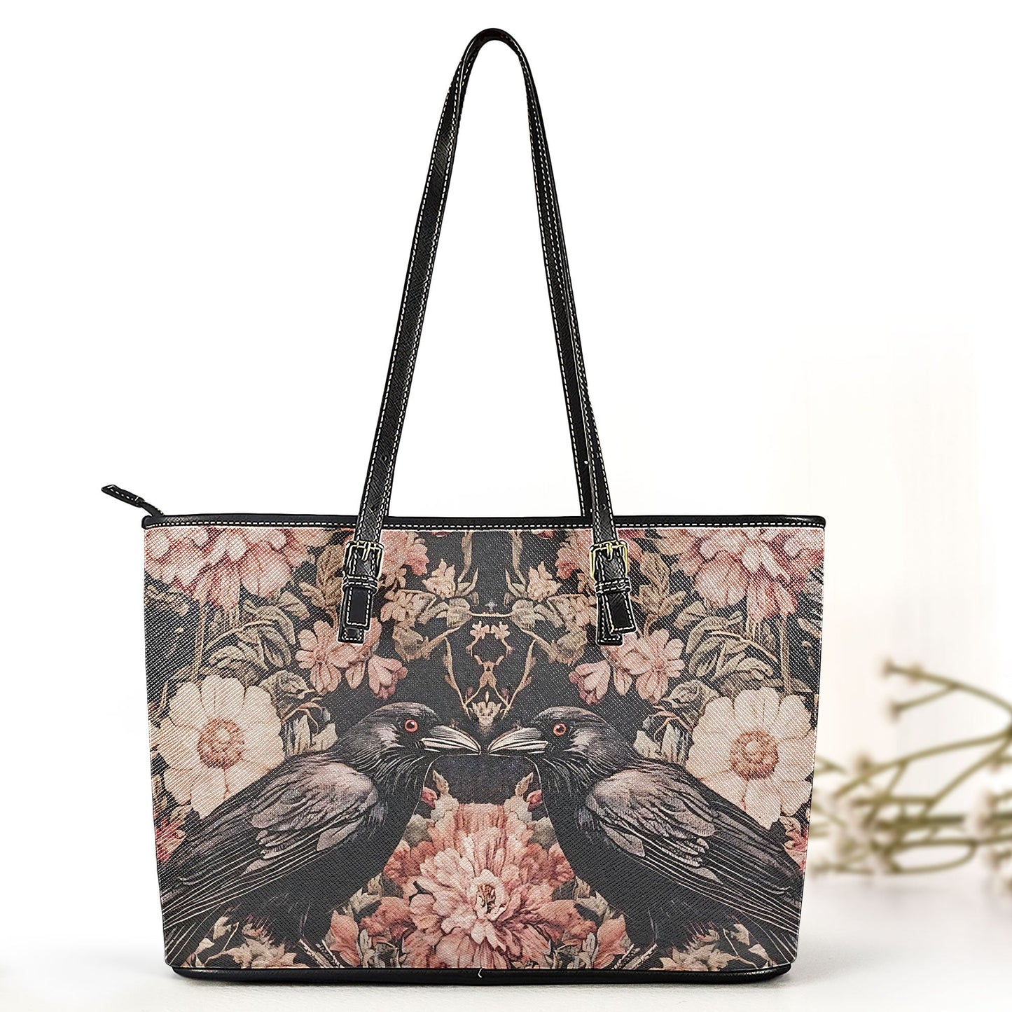 Gothic Raven & Floral Leather Handbag & Wallet Set – Vintage Dark Romance