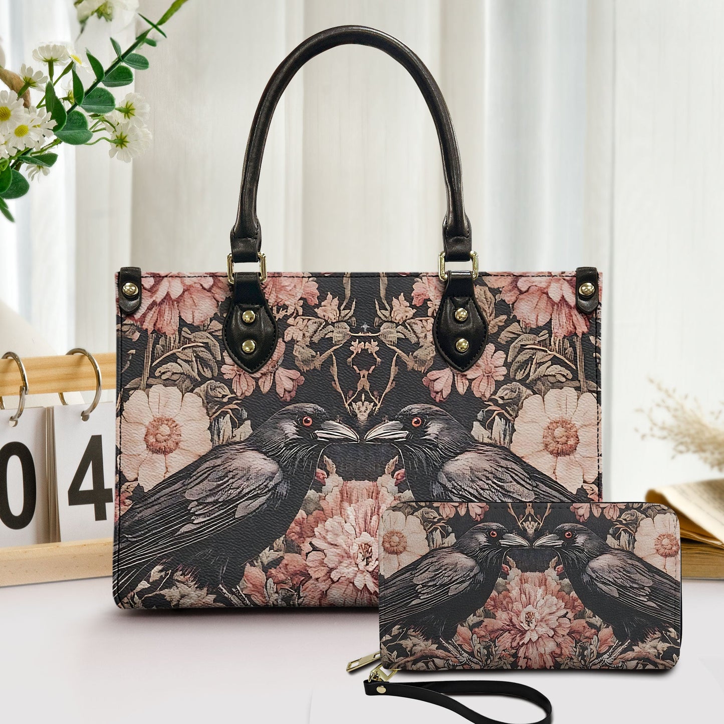 Gothic Raven & Floral Leather Handbag & Wallet Set – Vintage Dark Romance