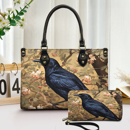 Vintage Raven Leather Handbag & Wallet Set – Gothic Elegance with Floral Charm