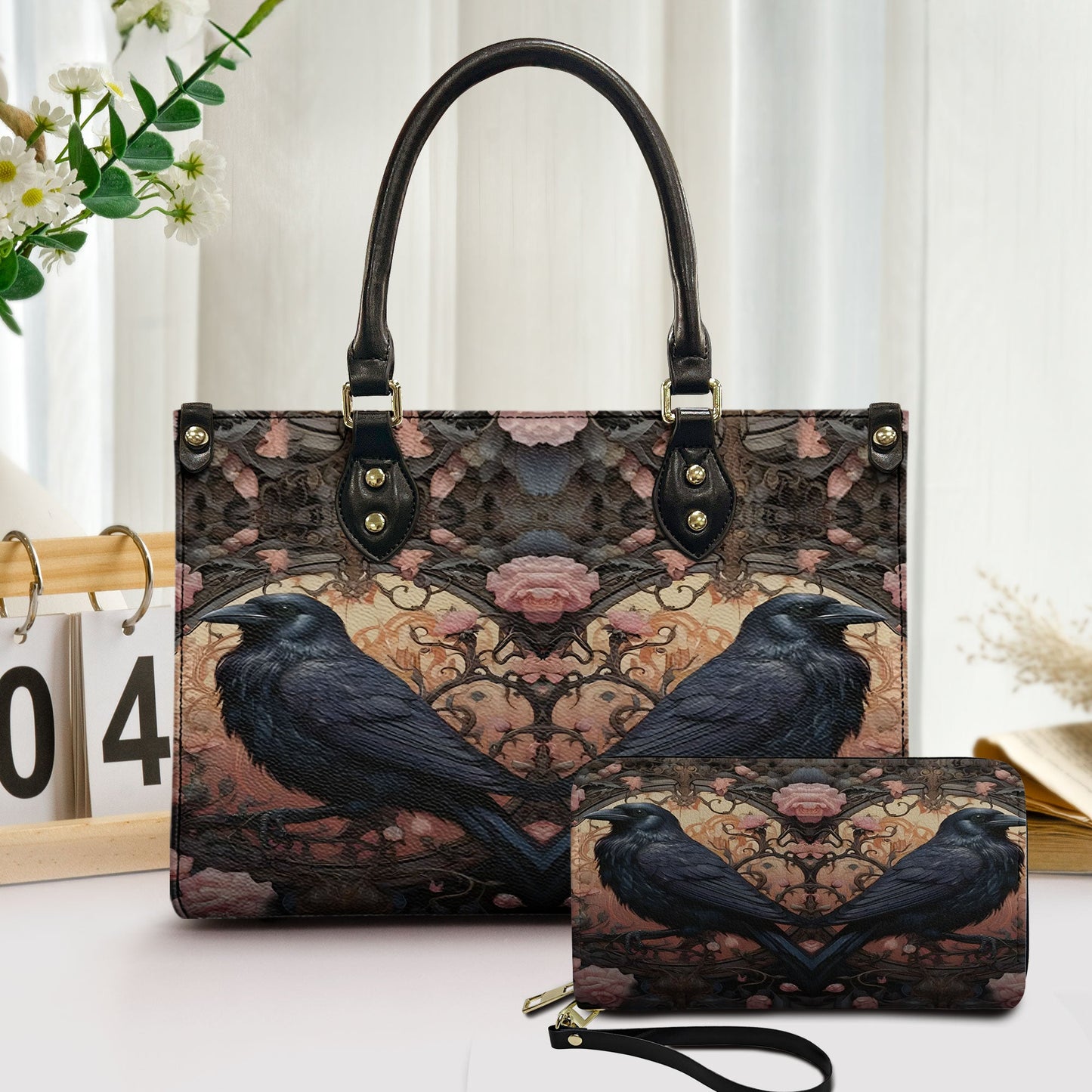 Gothic Raven Roses Leather Handbag & Wallet Set – Dark Romance Elegance