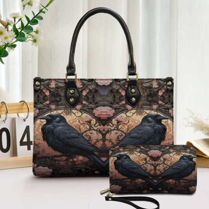 Gothic Raven Roses Leather Handbag & Wallet Set – Dark Romance Elegance