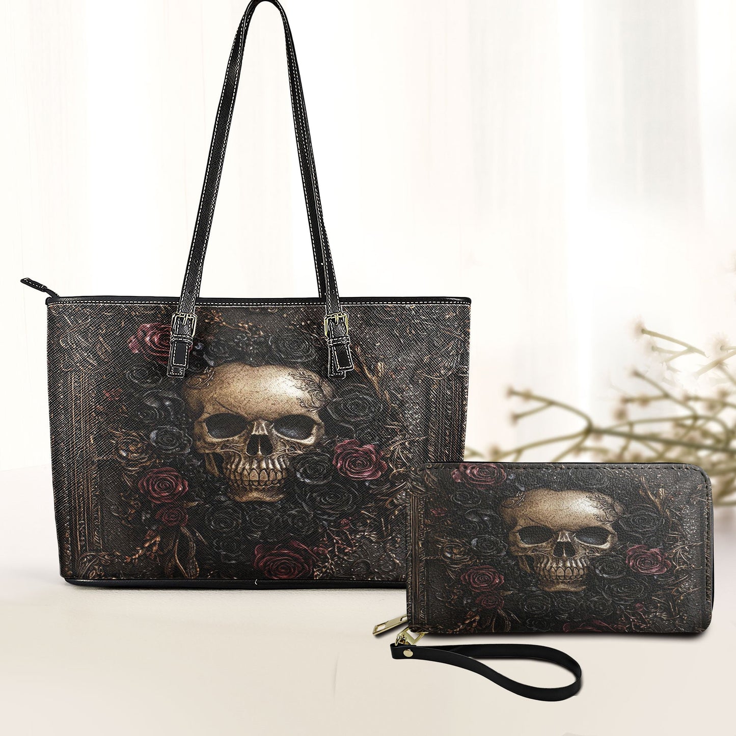 Gothic Skull Roses Leather Handbag & Wallet Set