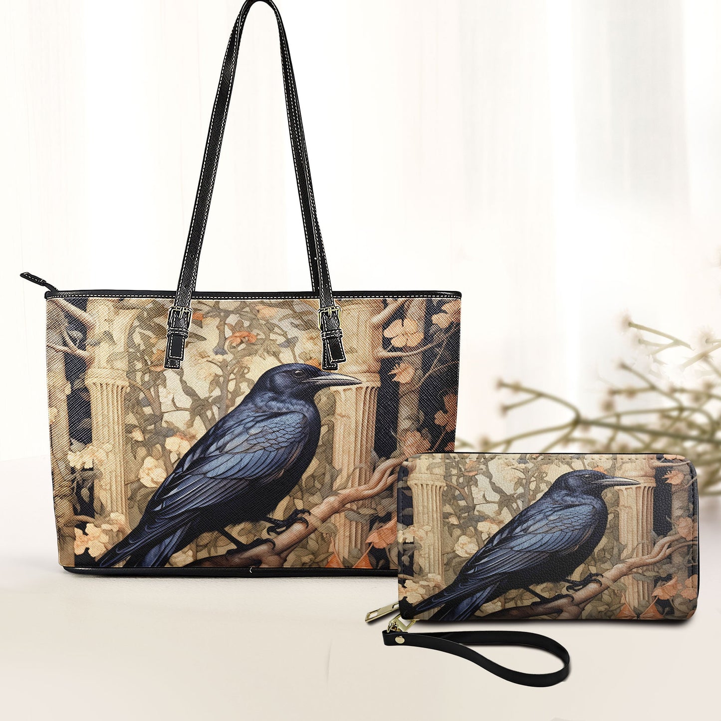 Gothic Raven Laether Handbag with Ancient Ruins Design