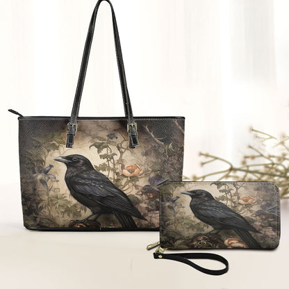 Vintage Raven Leather Handbag with Enchanted Garden Design