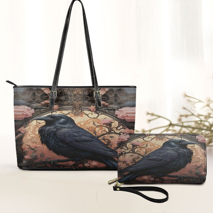 The Silent Raven Leather Handbag & Wallet Set – Gothic Grace in Shadowed Bloom