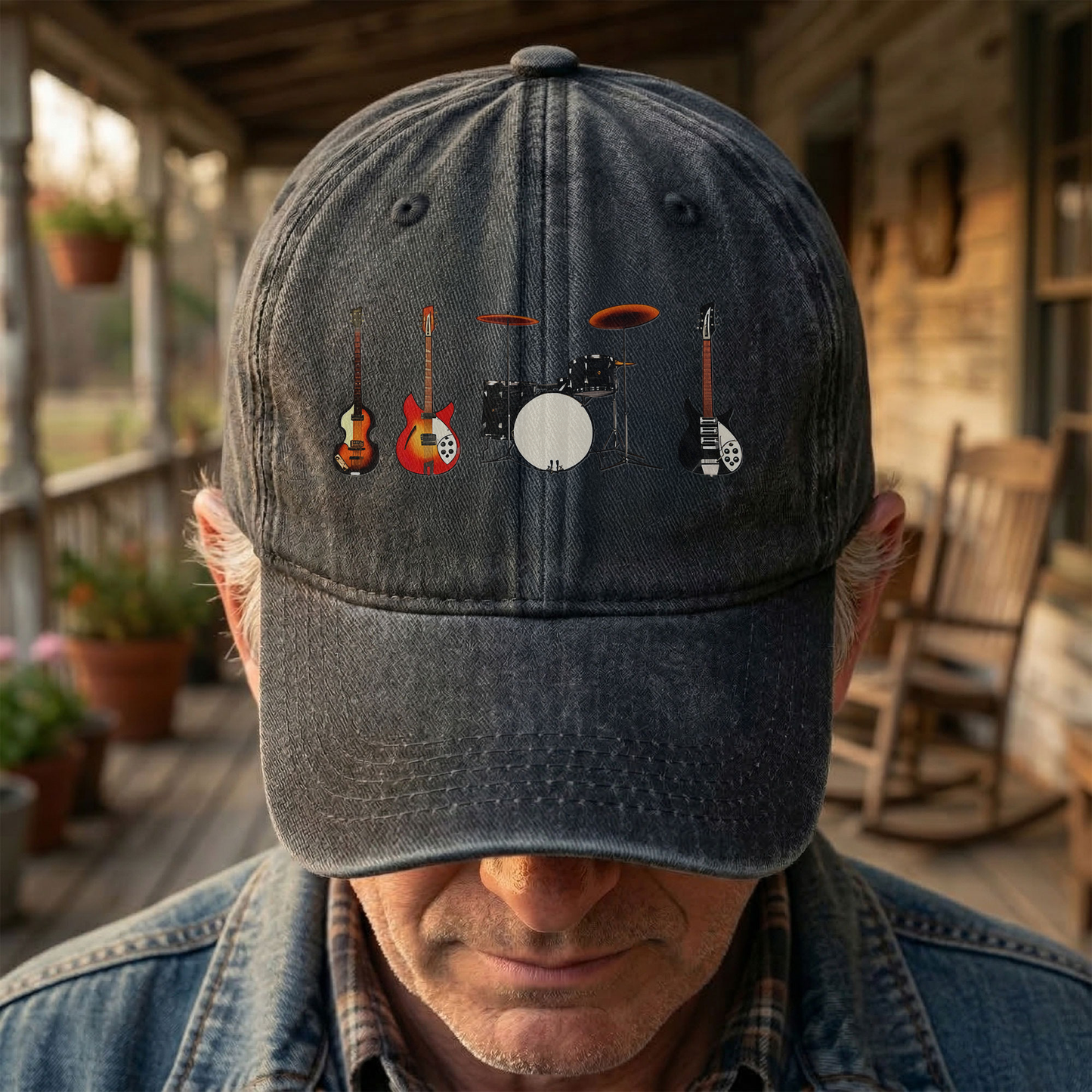 Vintage Rock Instruments Cap – Washed Black Denim Dad Hat, Guitar & Drum Minimalist Music Hat (With Box)