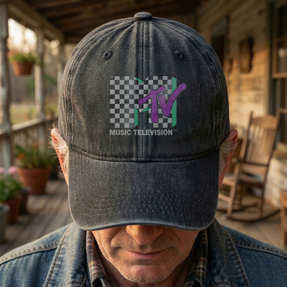 MTV Checkerboard Logo Cap – Vintage Washed Hat, Retro 80s Music Television Streetwear Hat (With Box)