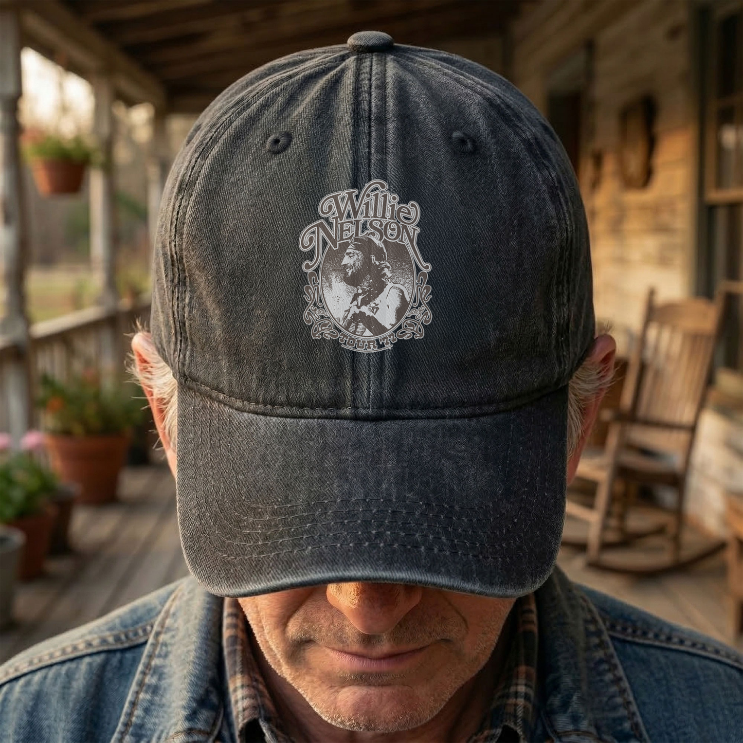 Willie Nelson Portrait Denim Cap – Retro Music Willie Nelson Cap Gift For Dad (With Box)