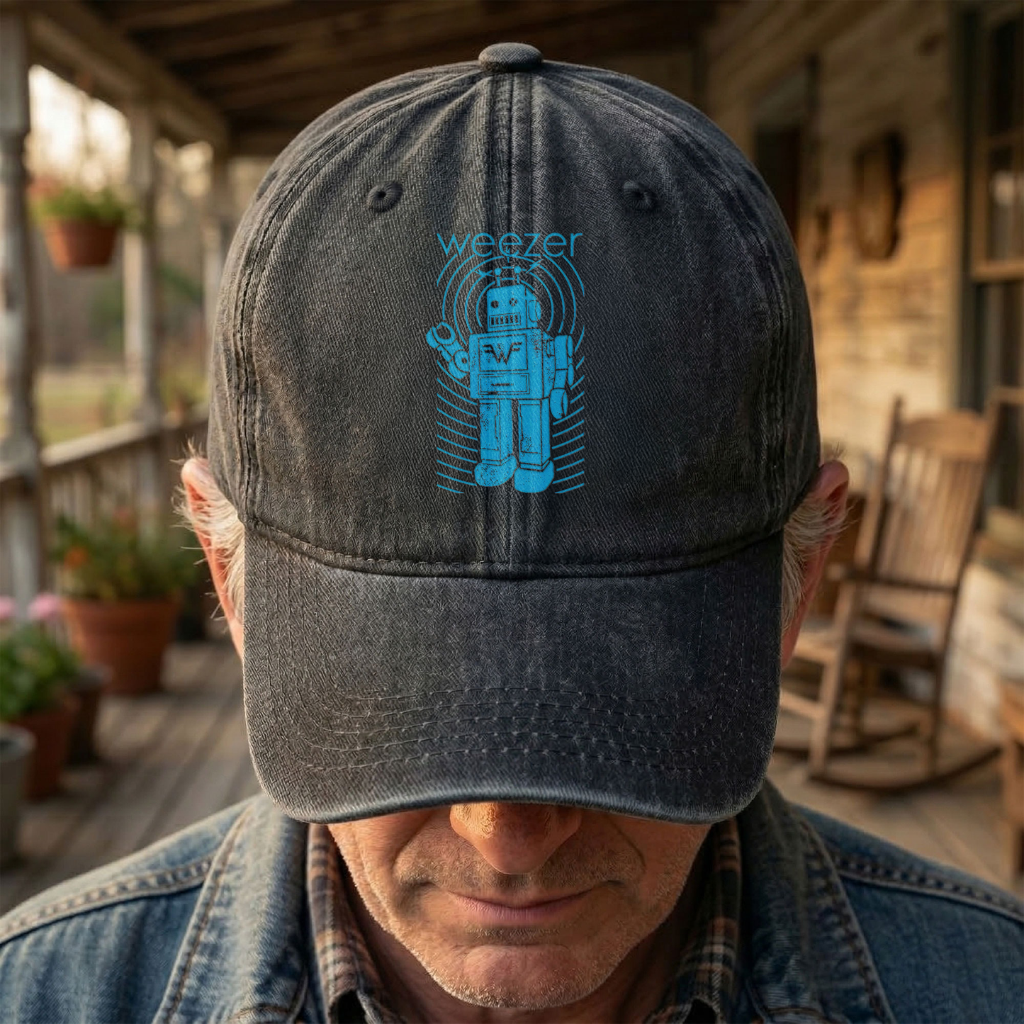 Weezer Robot Logo Cap – Vintage Washed Black Denim Dad Hat, Retro Sci-Fi Band Graphic Hat (With Box)
