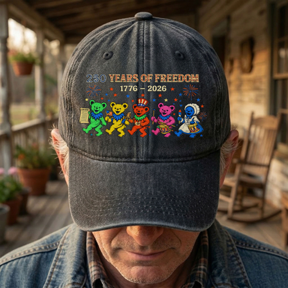 Grateful Dead 250 Years Of Freedom 1776 2026 4th of July Dancing Bears Denim Cap – Retro Vintage Dad Cap Gift For Dad (With Box)
