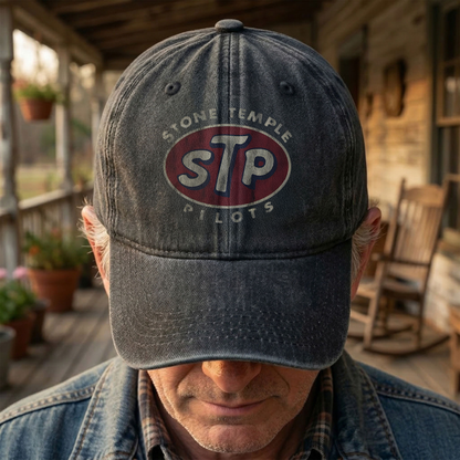 Stone Temple Pilots STP Cap – Vintage Washed Black Denim Dad Hat, Retro 90s Rock Band Logo Hat (With Box)