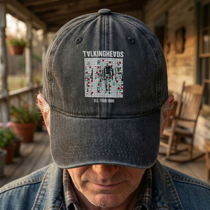 Talking Heads US Tour 1980 Cap – Vintage Washed Black Denim Dad Hat, Glitch Graphic Retro Band Hat (With Box)