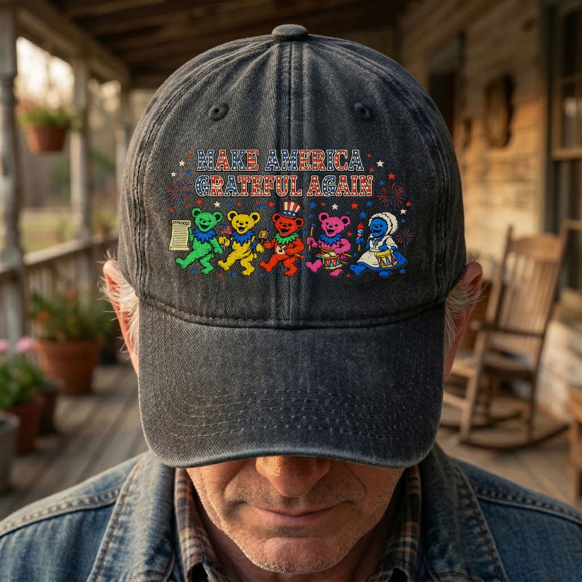 Grateful Dead Make America Grateful Again Dancing Bears Patriotic Denim Cap – Retro Vintage Dad Cap Gift For Dad (With Box)