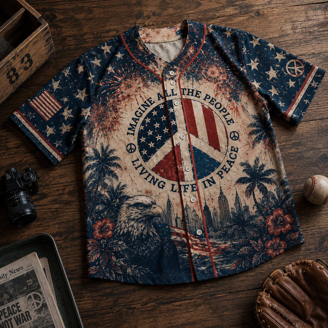Vintage American Flag Baseball Jersey - Imagine Peace & Eagle Graphic Button Up Shirt