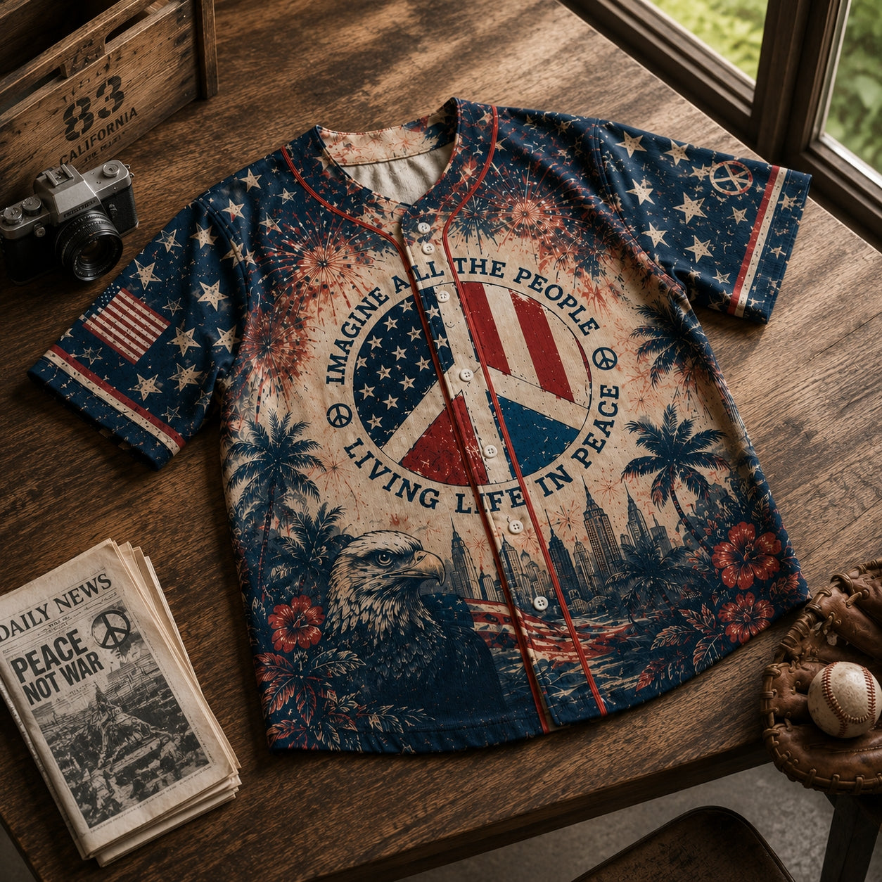 Vintage American Flag Baseball Jersey - Imagine Peace & Eagle Graphic Button Up Shirt