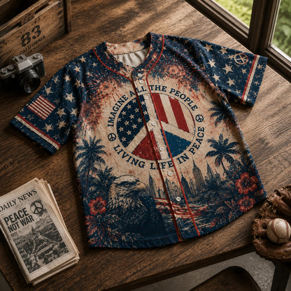 Vintage American Flag Baseball Jersey - Imagine Peace & Eagle Graphic Button Up Shirt
