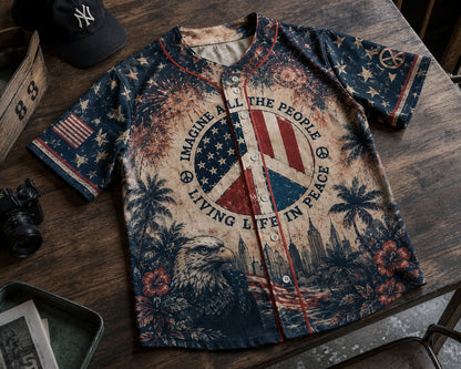 Vintage American Flag Baseball Jersey - Imagine Peace & Eagle Graphic Button Up Shirt
