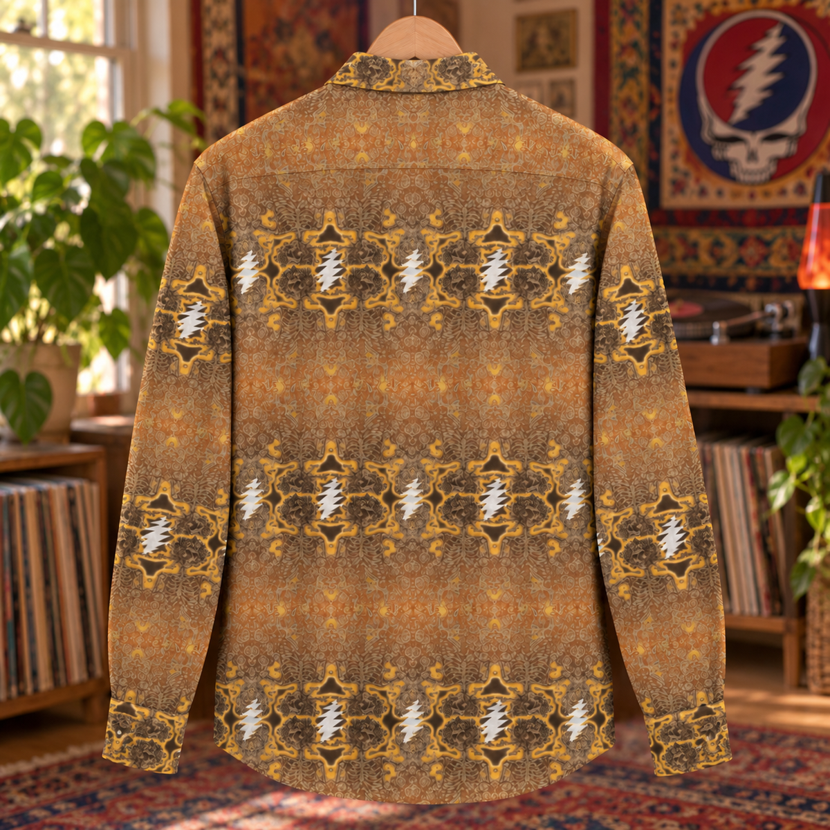 Grateful Dead Bohemian Long Sleeve Shirt, Retro Steal Your Face Lightning Bolt Button Up, Psychedelic Deadhead Pattern Shirt, Vintage Rock Band Gift