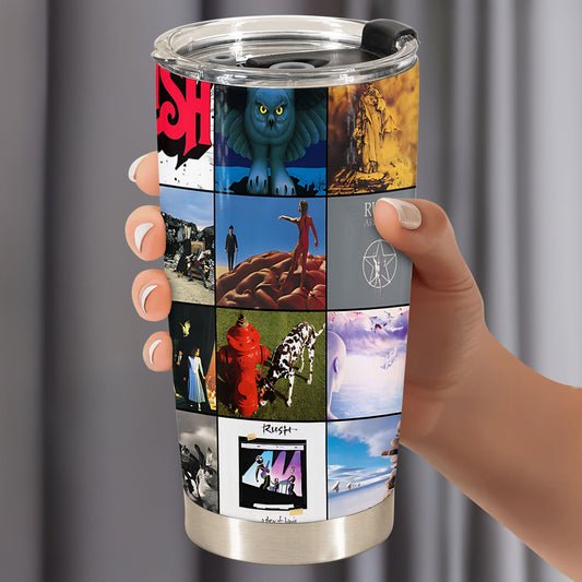 Rush Album Collage Tumbler – A Progressive Rock Nostalgia Tribute