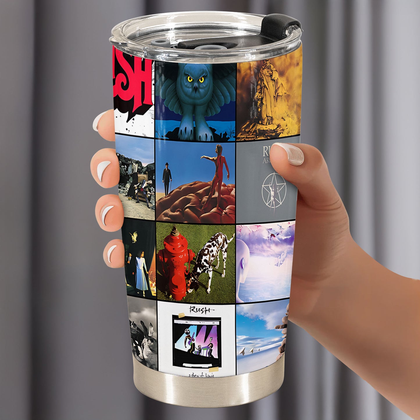 Rush Album Collage Tumbler – A Progressive Rock Nostalgia Tribute