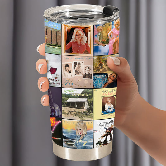 Dolly Parton Album Collage Tumbler – A Nostalgic Tribute to Country Music Icon