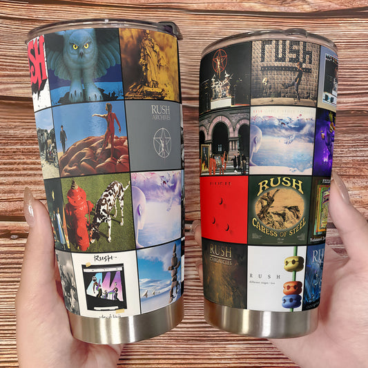 Rush Album Collage Tumbler – A Progressive Rock Nostalgia Tribute