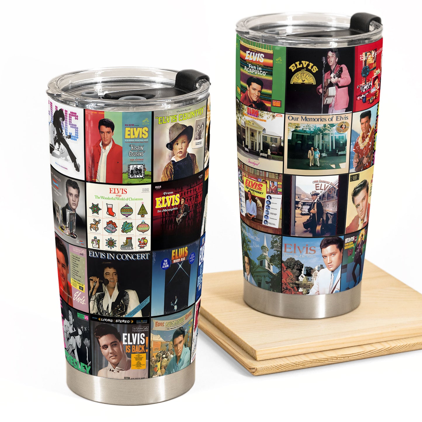 Elvis Presley Vintage Album Collage Tumbler – A Nostalgic Tribute to the King of Rock & Roll