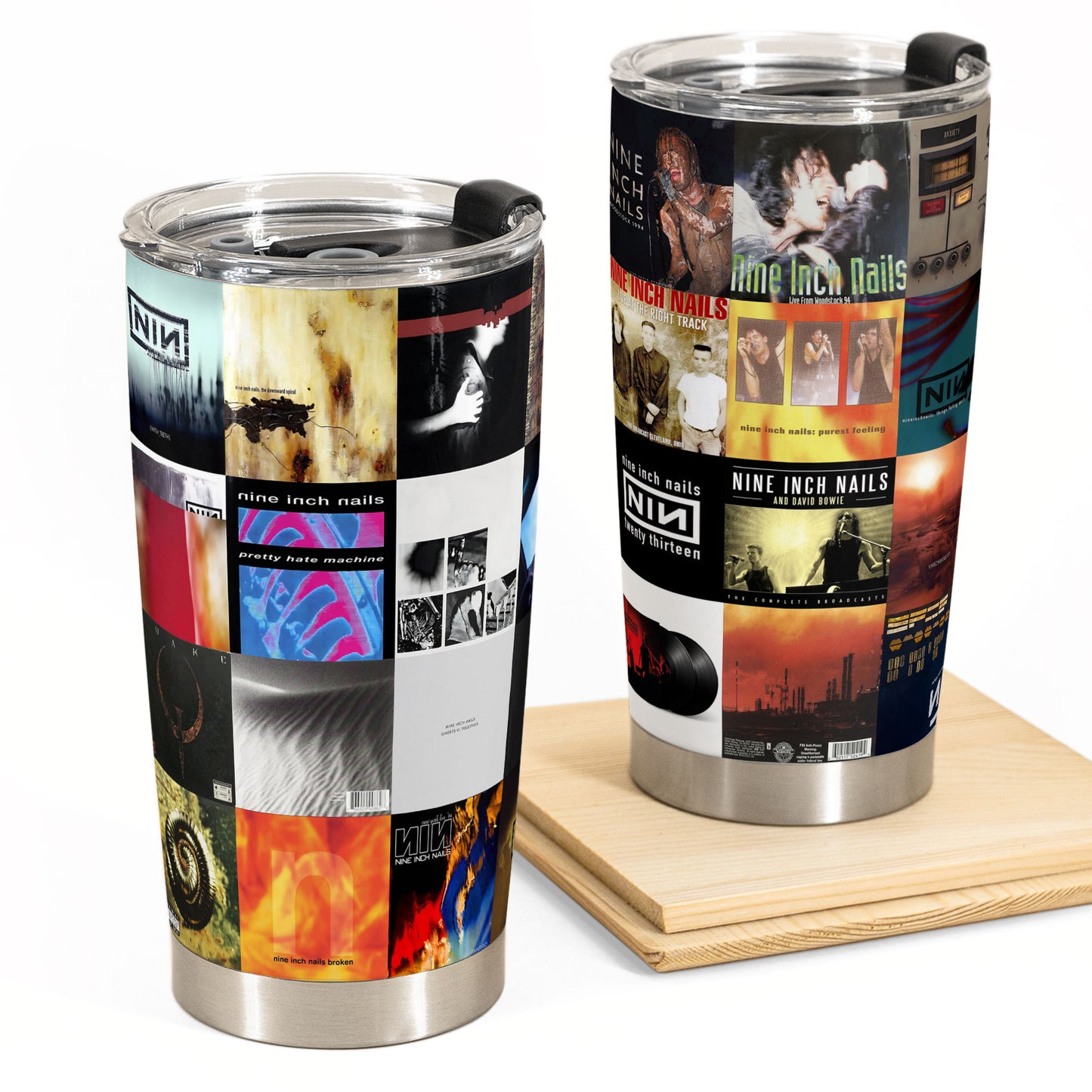 Nine Inch Nails Album Collage Tumbler – Dark Industrial Rock Nostalgia