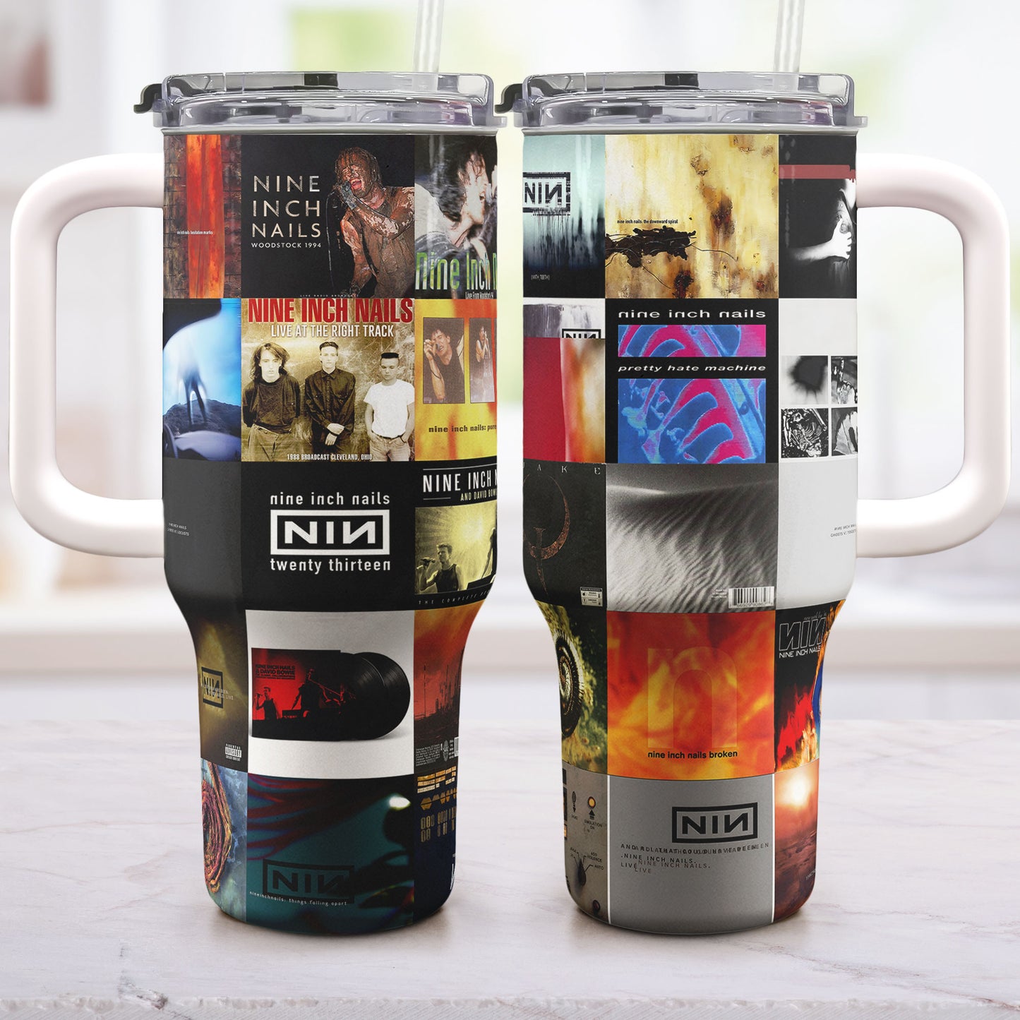 Nine Inch Nails Album Collage Tumbler – Dark Industrial Rock Nostalgia