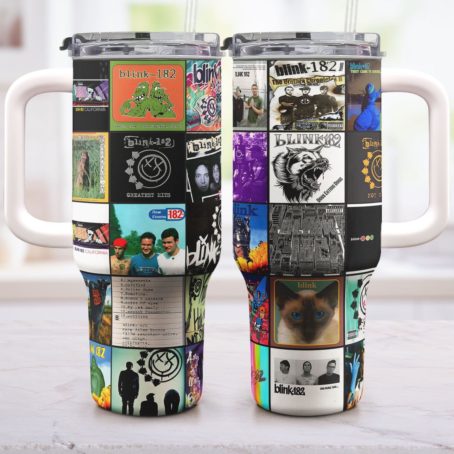 blink-182 Album Collage Tumbler – Pop Punk Nostalgia of Youth