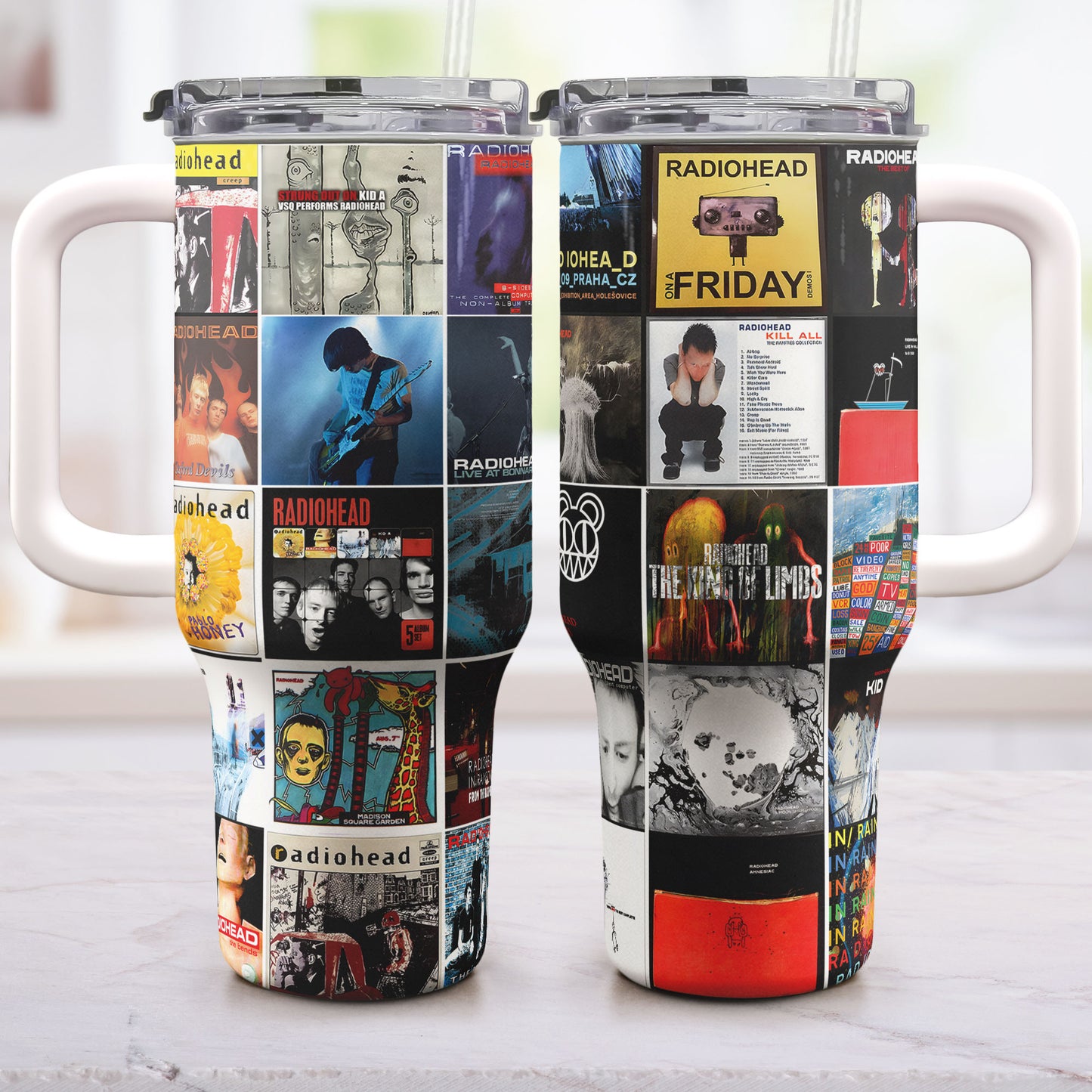 Radiohead Album Collage Tumbler – A Nostalgic Journey Through Sound and Emotion