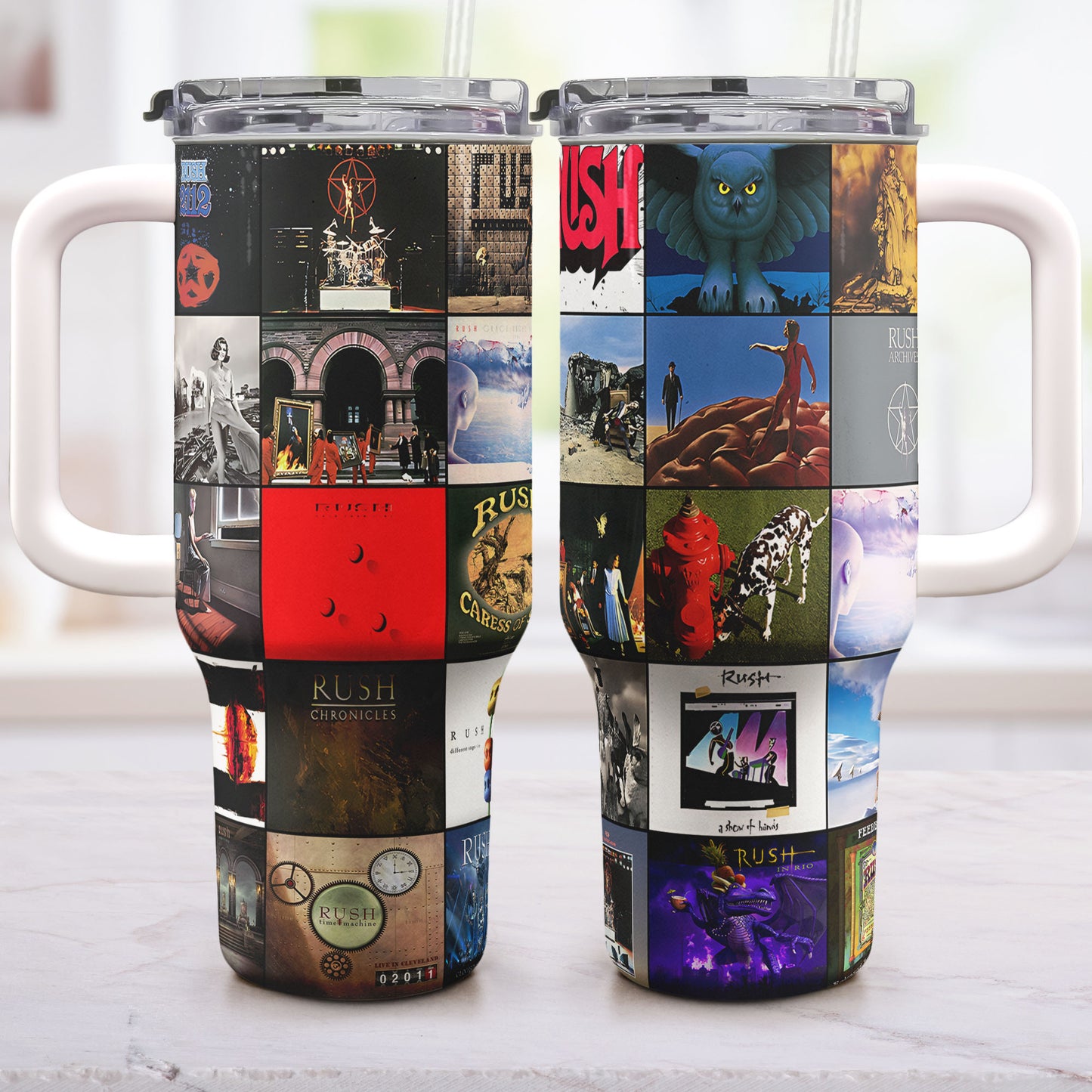 Rush Album Collage Tumbler – A Progressive Rock Nostalgia Tribute